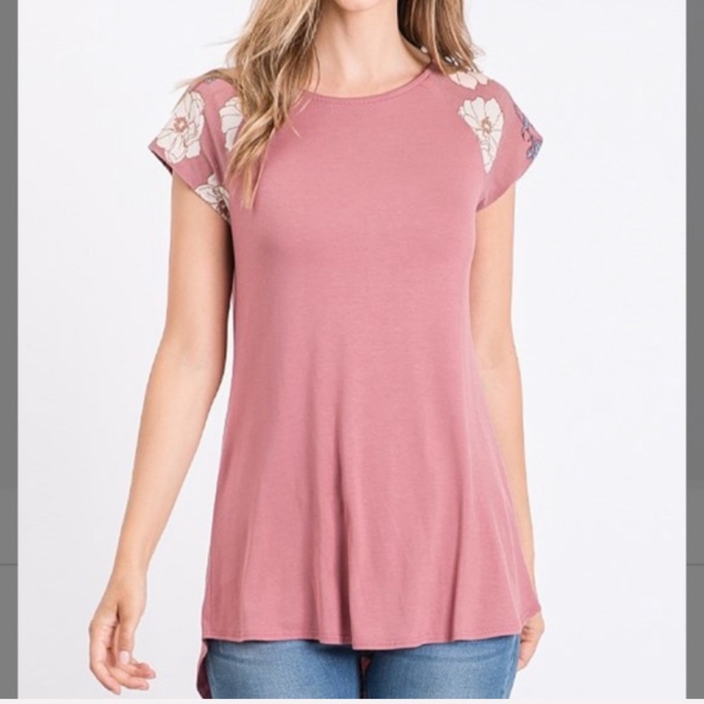 Marsala & Blue Floral Contrast Cap-Sleeve Tee, M